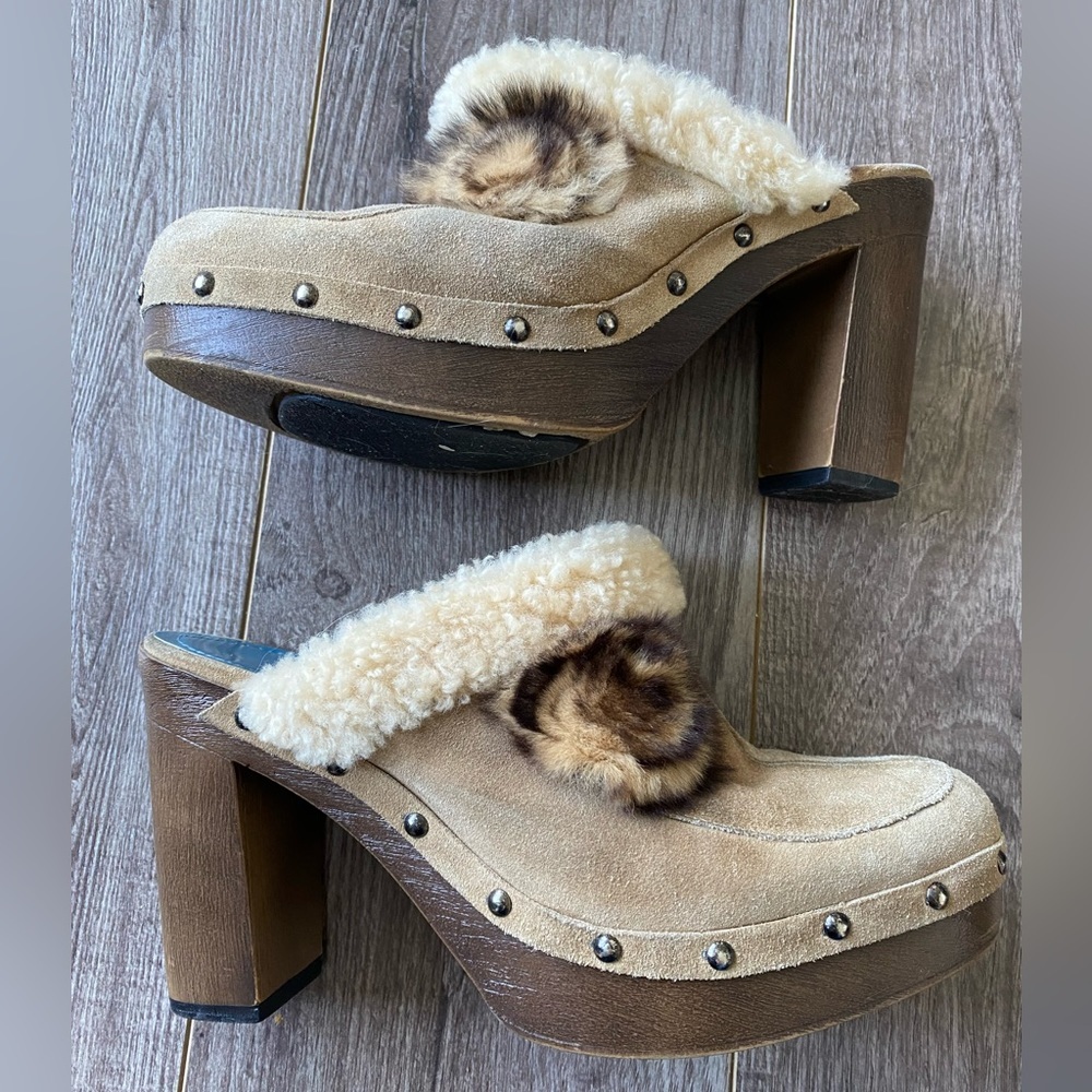 Via Spiga leather and suede heeled clogs with stud and fur details size 7